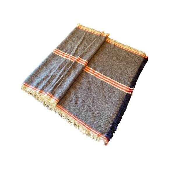 Blue Cream Red Striped Fringed Wrap Scarf One Size - Picture 4 of 5